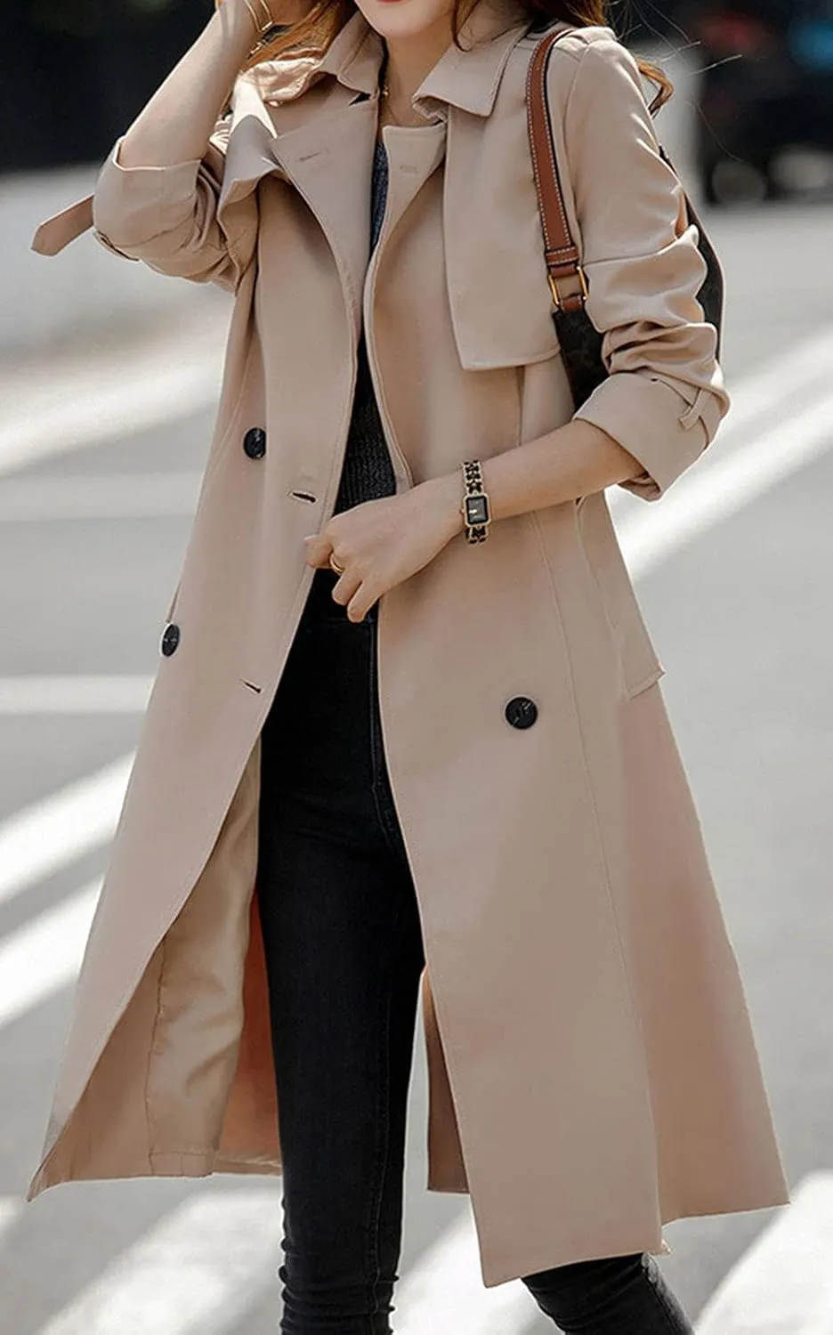 CHARTOU Women's Slim Notched Collar Double Breasted Trench Coat Windbreaker with Belt