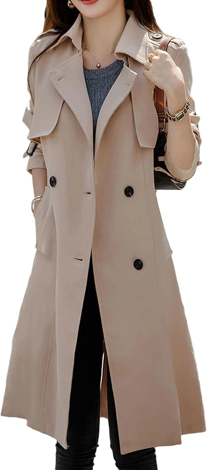CHARTOU Women's Slim Notched Collar Double Breasted Trench Coat Windbreaker with Belt