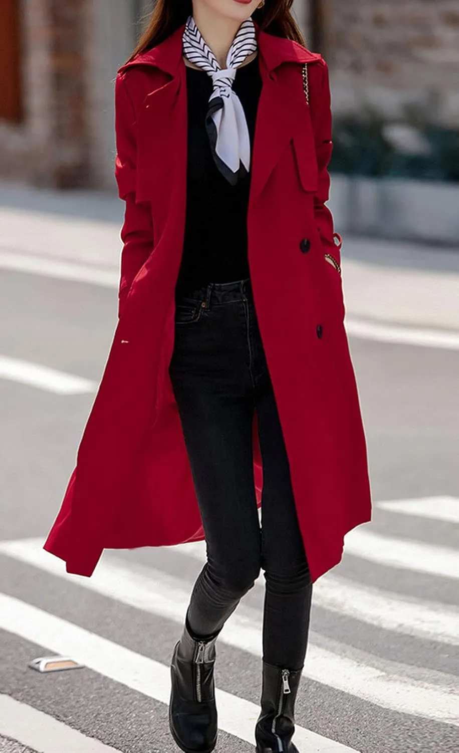 CHARTOU Women's Slim Notched Collar Double Breasted Trench Coat Windbreaker with Belt