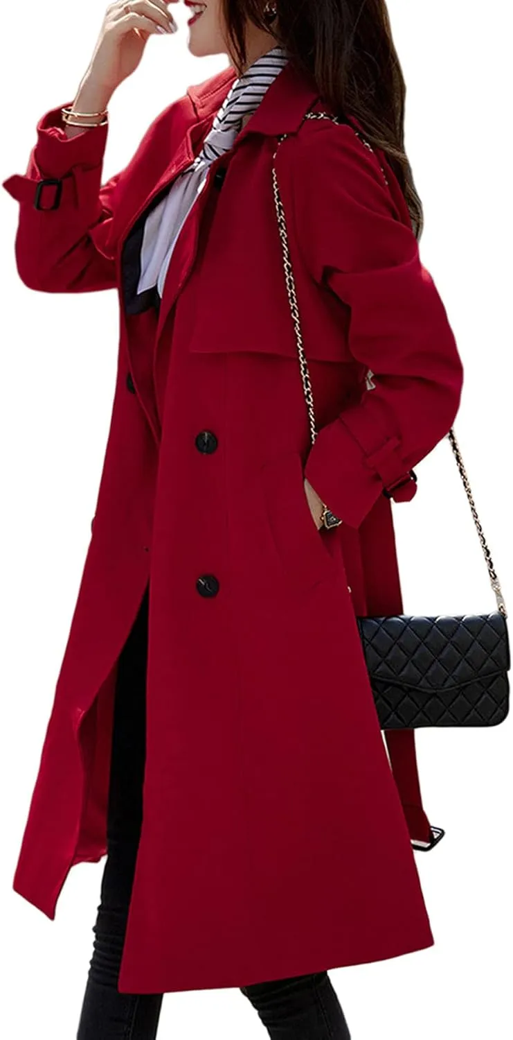 CHARTOU Women's Slim Notched Collar Double Breasted Trench Coat Windbreaker with Belt