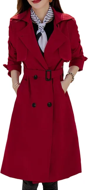 CHARTOU Women's Slim Notched Collar Double Breasted Trench Coat Windbreaker with Belt