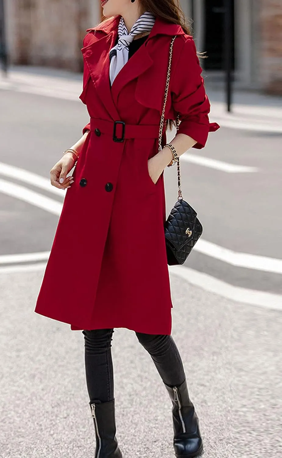 CHARTOU Women's Slim Notched Collar Double Breasted Trench Coat Windbreaker with Belt