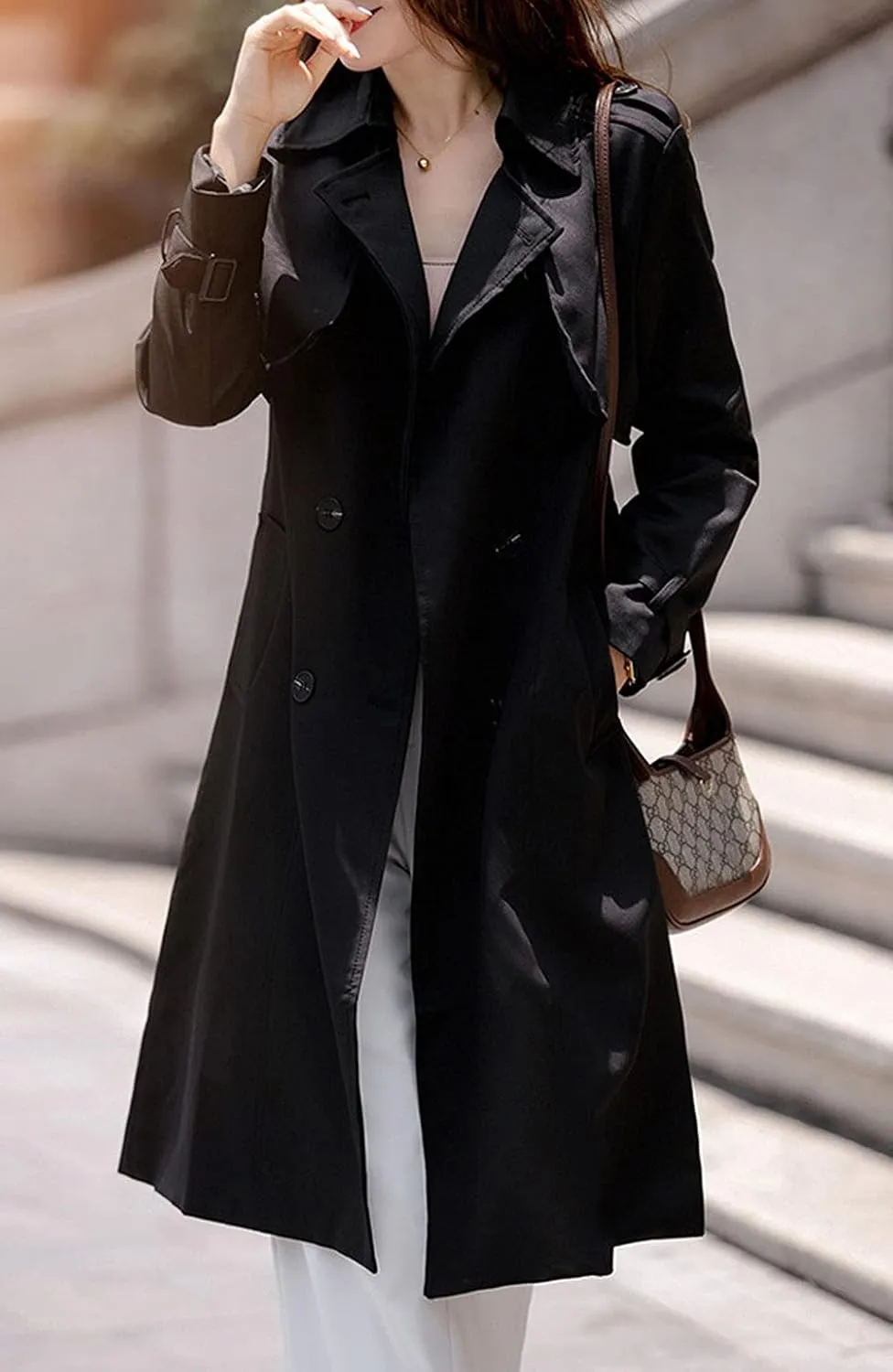 CHARTOU Women's Slim Notched Collar Double Breasted Trench Coat Windbreaker with Belt