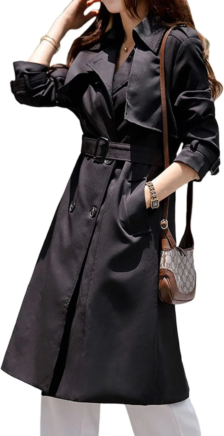 CHARTOU Women's Slim Notched Collar Double Breasted Trench Coat Windbreaker with Belt