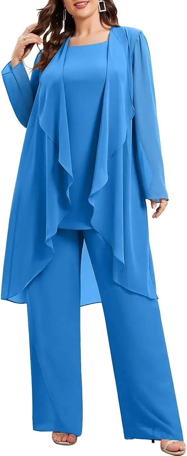 Chiffon Mother of The Bride Pant Suits Plus Size Women Wedding Formal Outfit Set Evening Gown