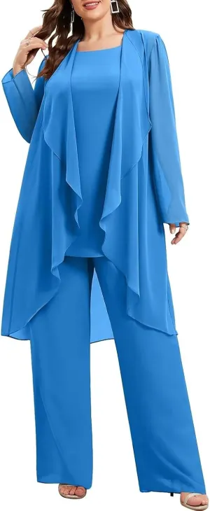 Chiffon Mother of The Bride Pant Suits Plus Size Women Wedding Formal Outfit Set Evening Gown