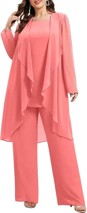 Chiffon Mother of The Bride Pant Suits Plus Size Women Wedding Formal Outfit Set Evening Gown