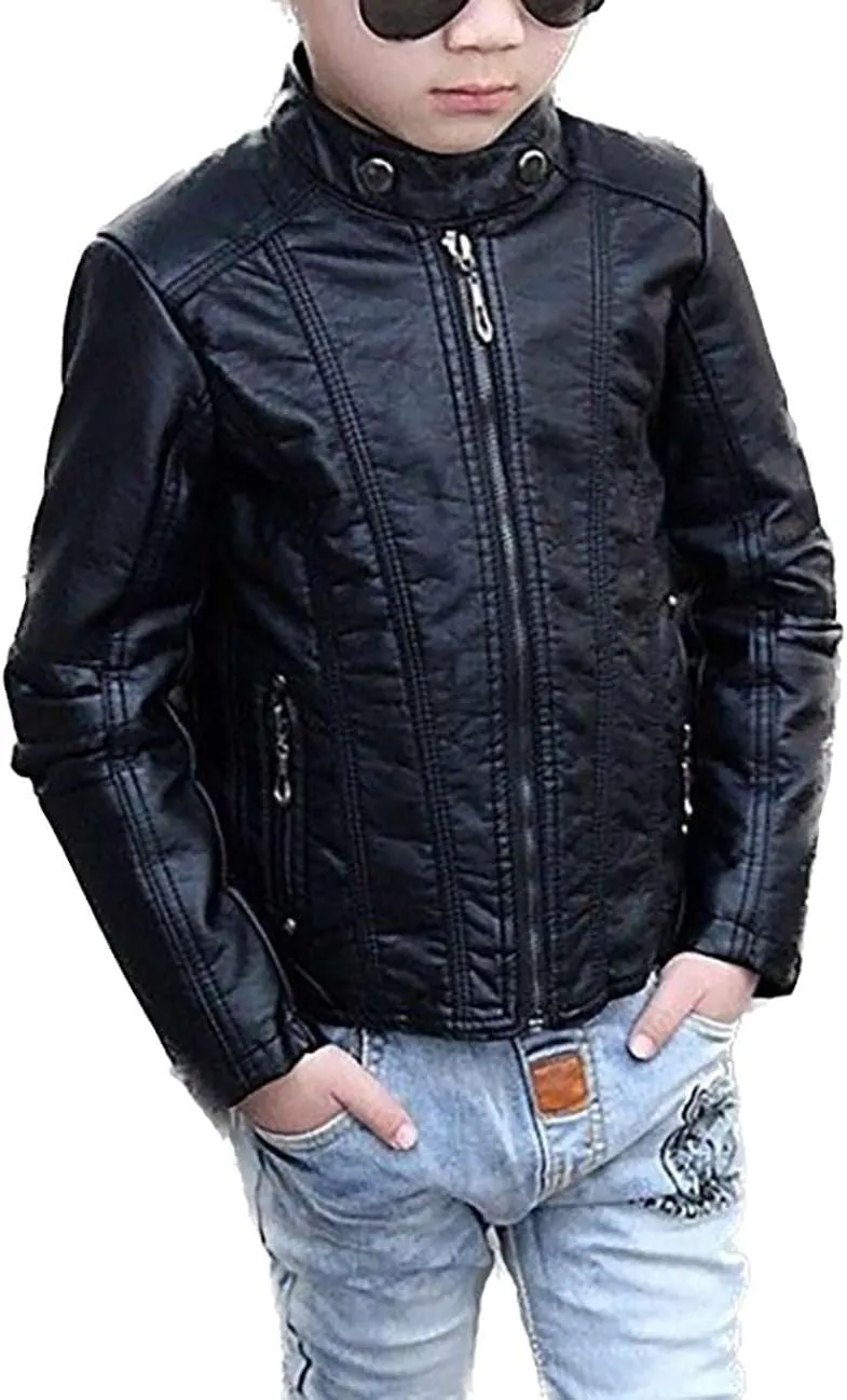Children Leather Jacket Kids Motorcycle Biker Jacket Stand Collar Zipper Faux Leather Coat