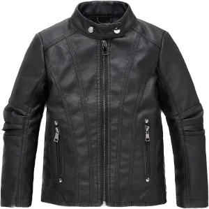 Children Leather Jacket Kids Motorcycle Biker Jacket Stand Collar Zipper Faux Leather Coat