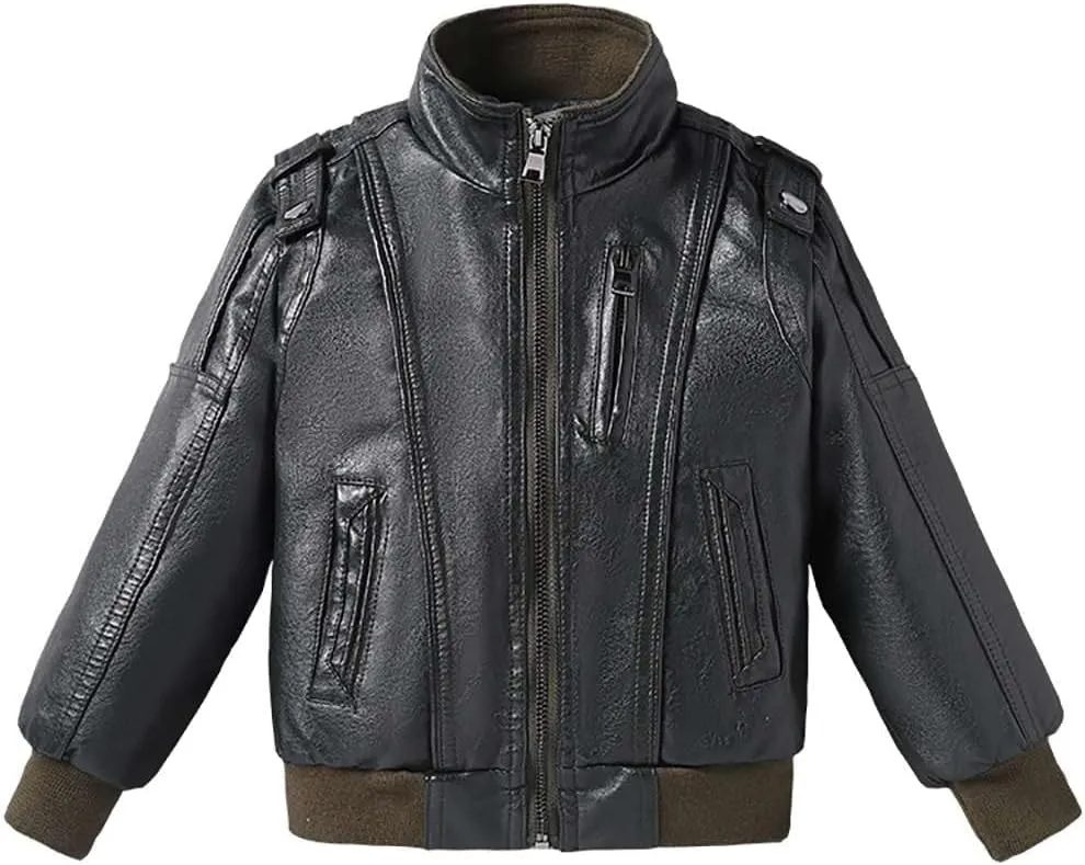 Children Leather Jacket Kids Motorcycle Biker Jacket Stand Collar Zipper Faux Leather Coat