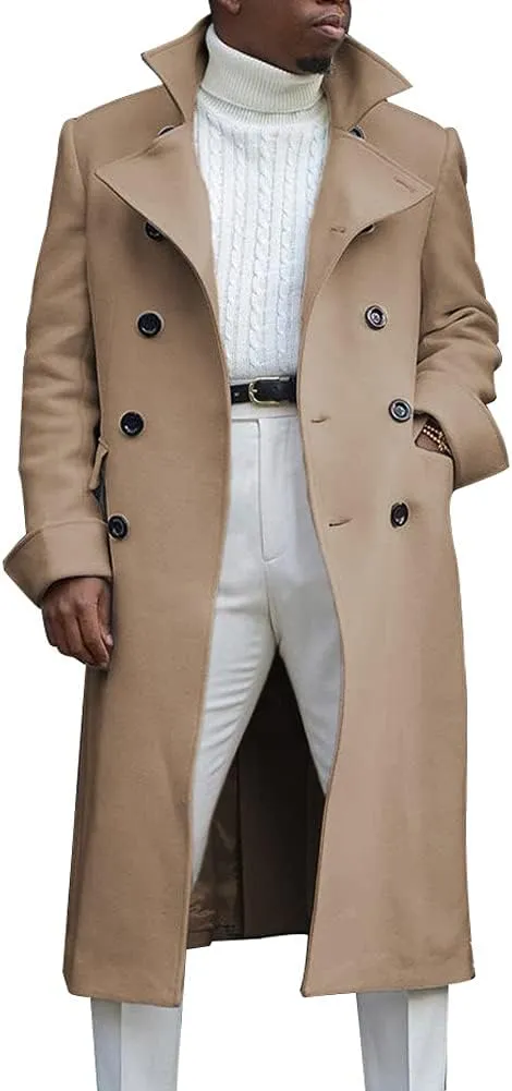 chouyatou Men's British Style Double Breasted Heavyweight Mid Long Wool Pea Coat