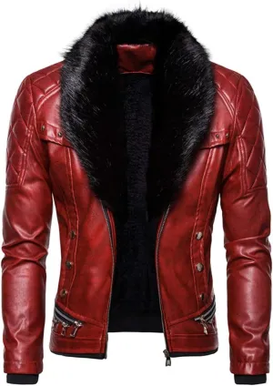 chouyatou Men's Removable Fur Collar Sherpa Lined Steampunk Faux Leather Jacket