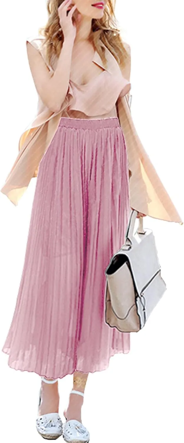 chouyatou Women's Elastic Waist A-Line Pleated Chiffon Cropped Wide Leg Pants Culottes