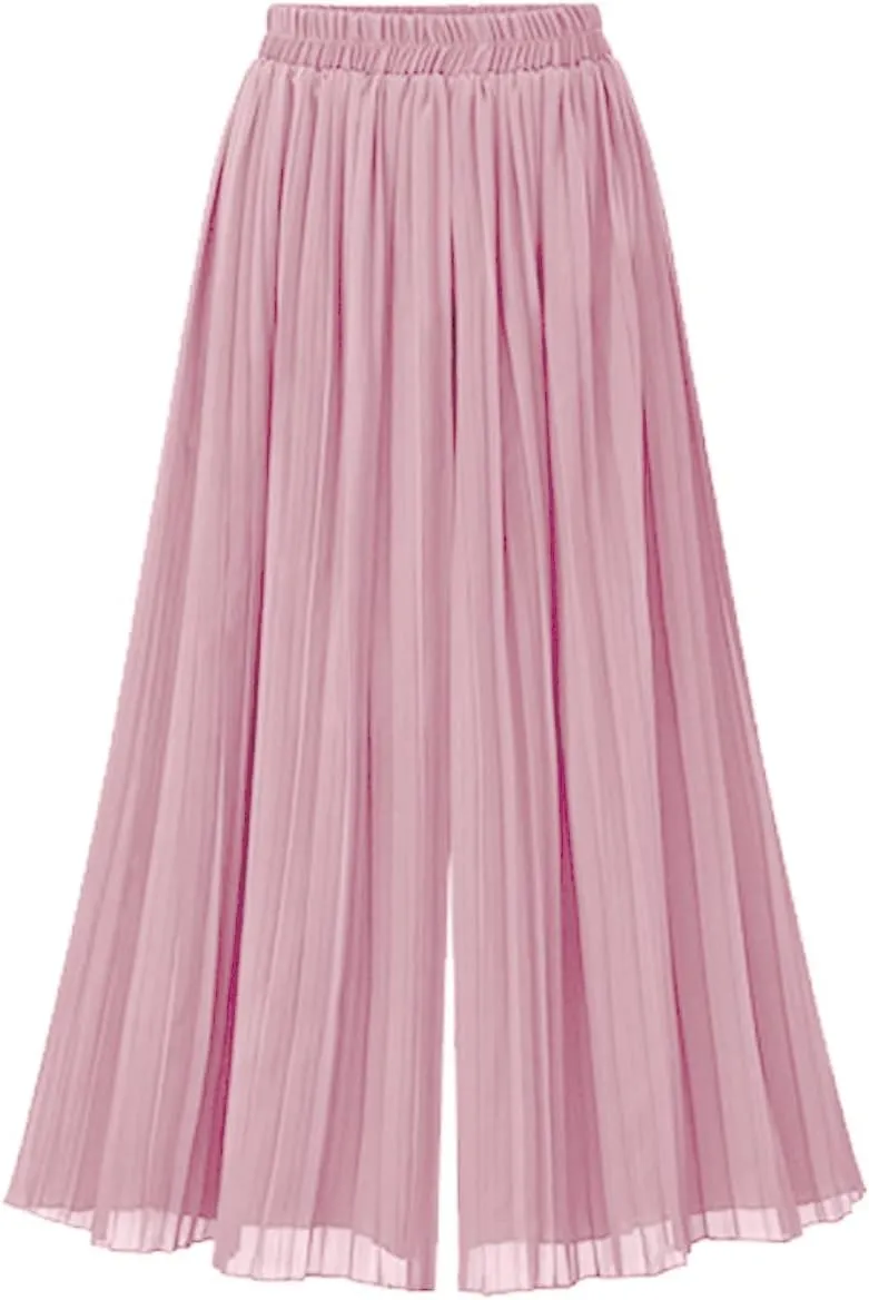 chouyatou Women's Elastic Waist A-Line Pleated Chiffon Cropped Wide Leg Pants Culottes
