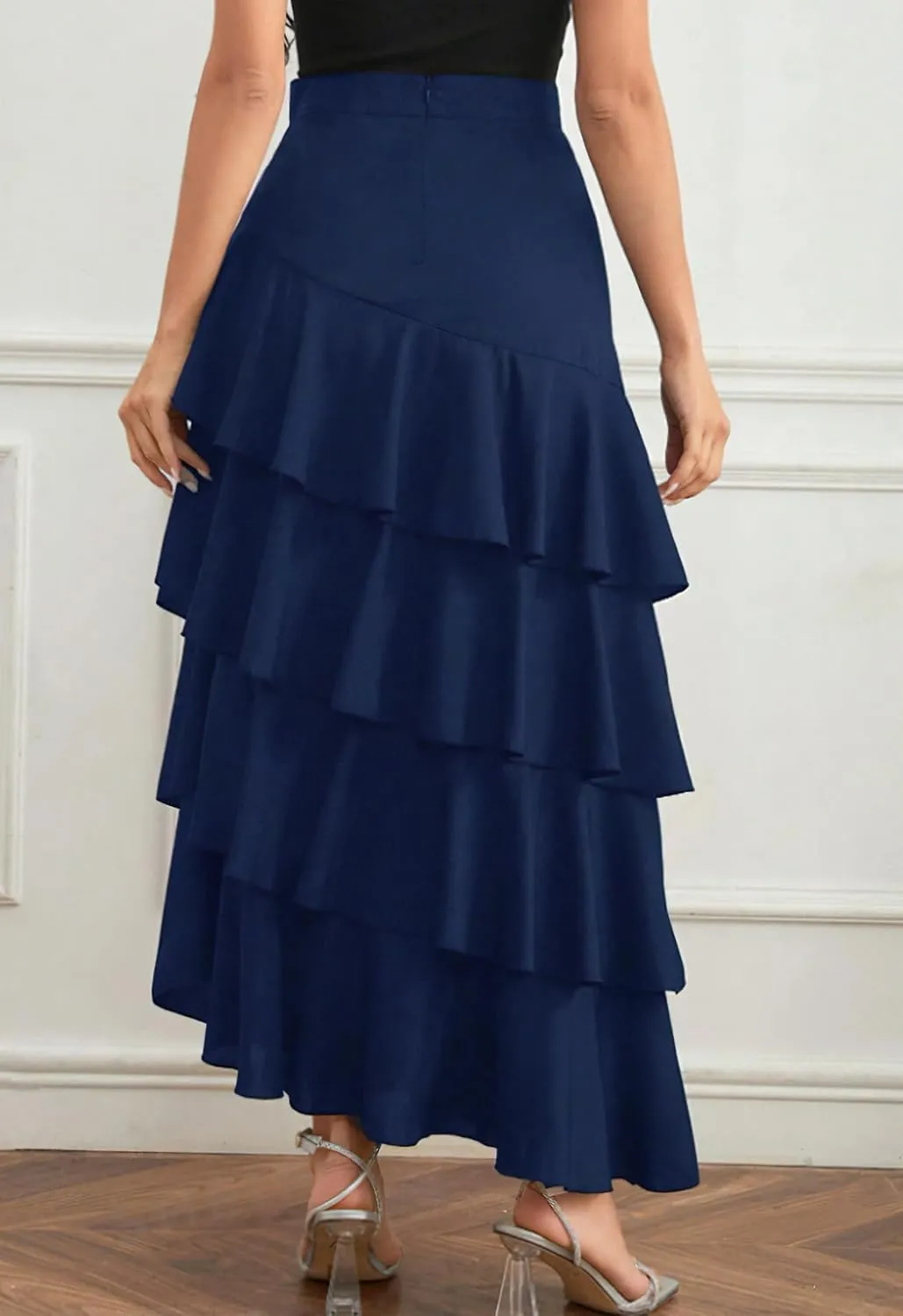 chouyatou Women's Elegant Irregular Ruffle Hem Skirt Party Tiered Layered Maxi Long Skirt