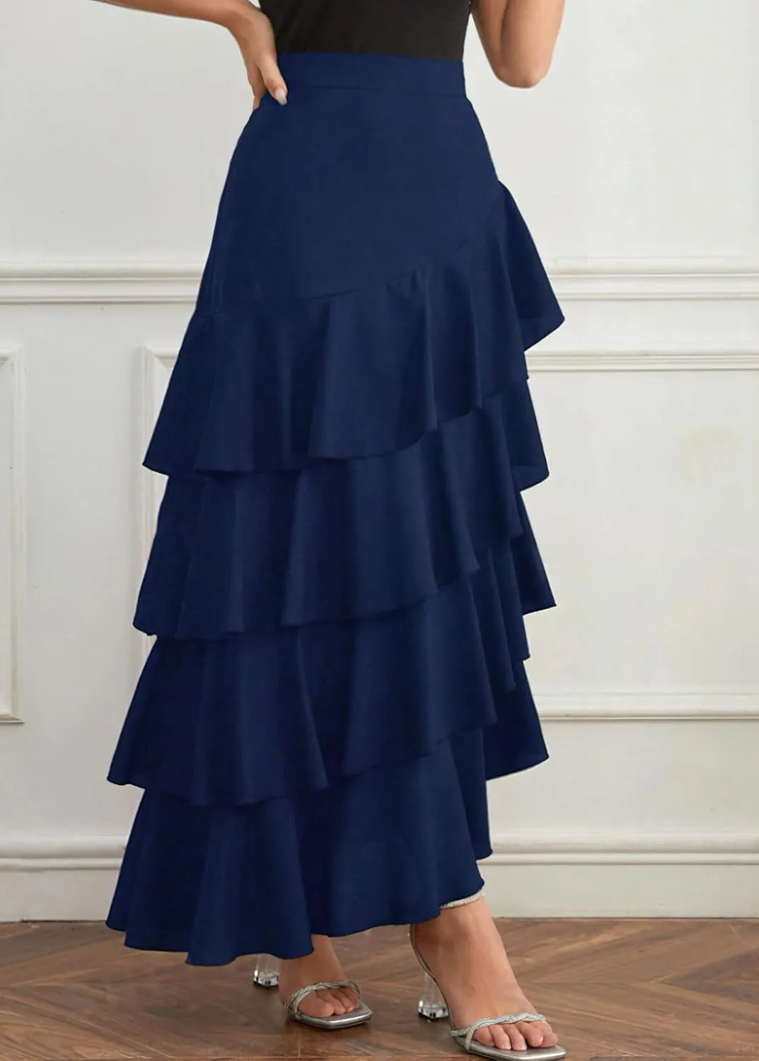 chouyatou Women's Elegant Irregular Ruffle Hem Skirt Party Tiered Layered Maxi Long Skirt