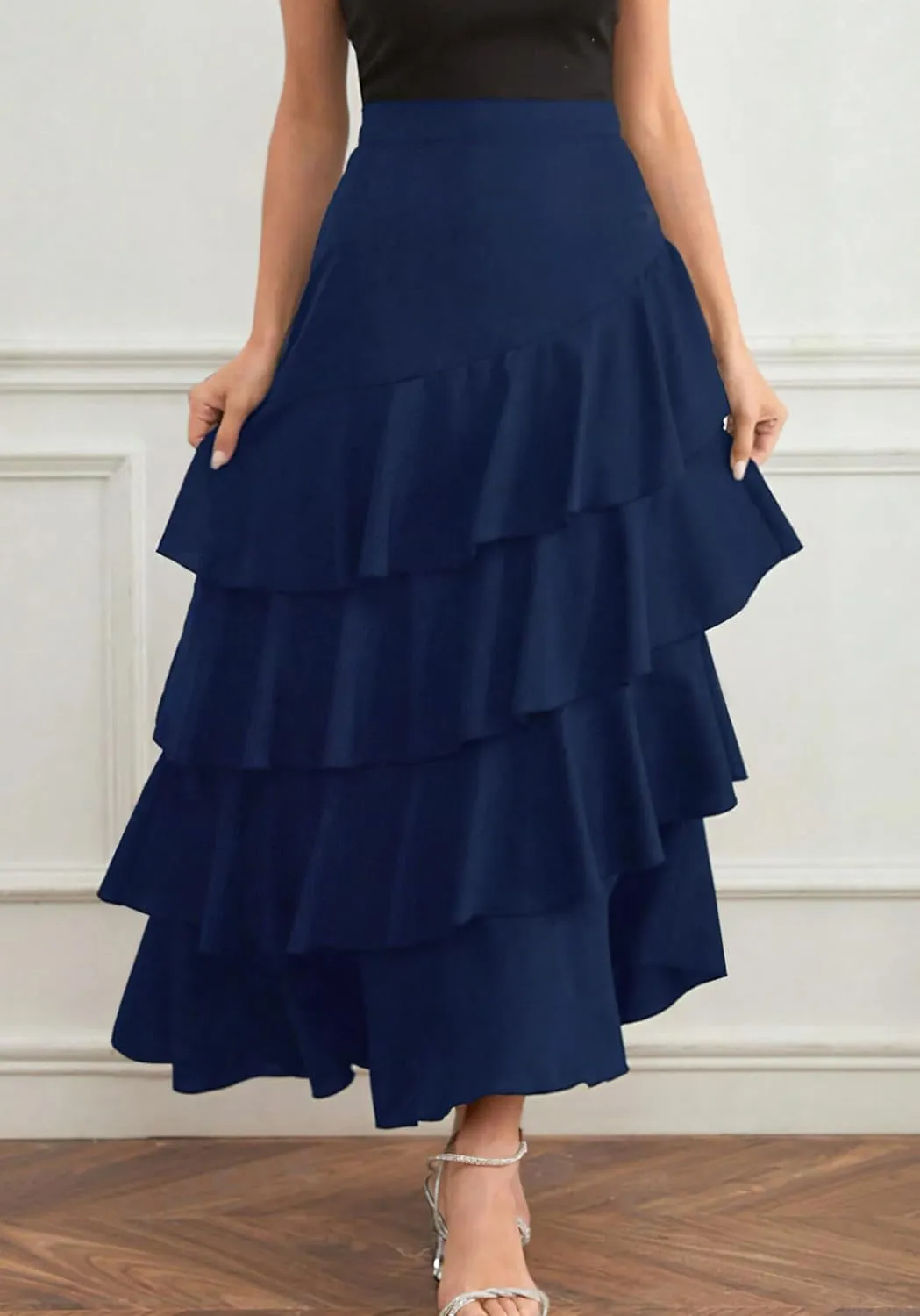 chouyatou Women's Elegant Irregular Ruffle Hem Skirt Party Tiered Layered Maxi Long Skirt