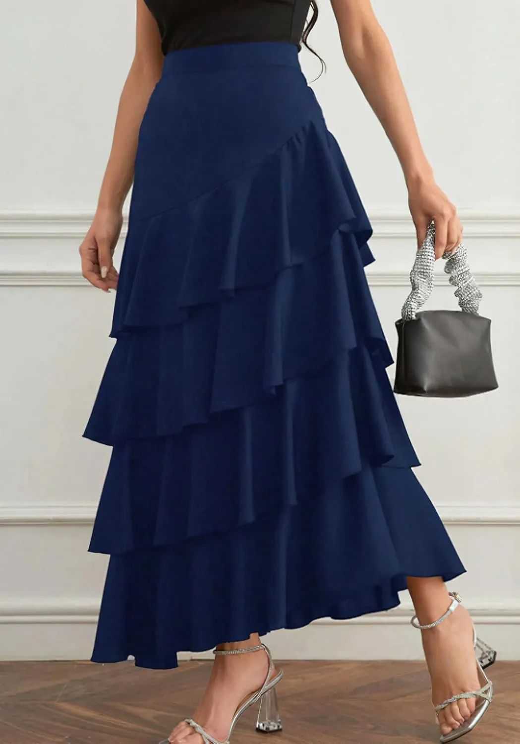 chouyatou Women's Elegant Irregular Ruffle Hem Skirt Party Tiered Layered Maxi Long Skirt