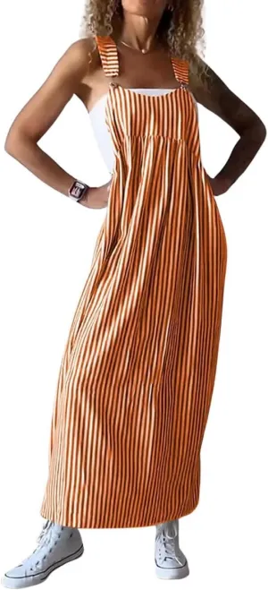 chouyatou Women's Summer Boho Adjustable Strap Striped Tunic Dress Casual Loose Beach Midi Long Dress