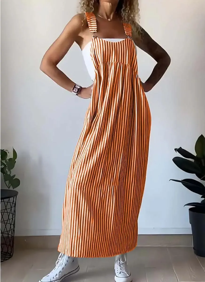chouyatou Women's Summer Boho Adjustable Strap Striped Tunic Dress Casual Loose Beach Midi Long Dress