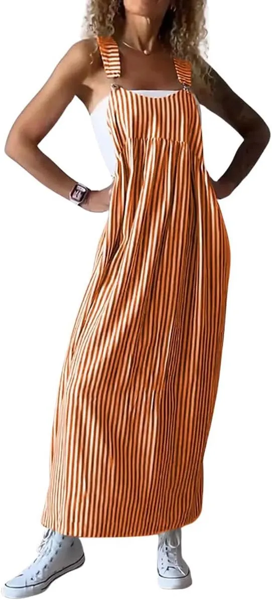 chouyatou Women's Summer Boho Adjustable Strap Striped Tunic Dress Casual Loose Beach Midi Long Dress