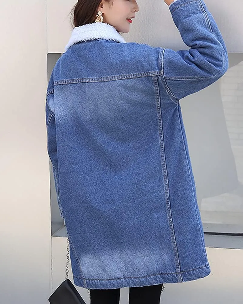 chouyatou Women's Winter Faux Fur Collar Sherpa Lined Long Denim Coat Trucker Jacket