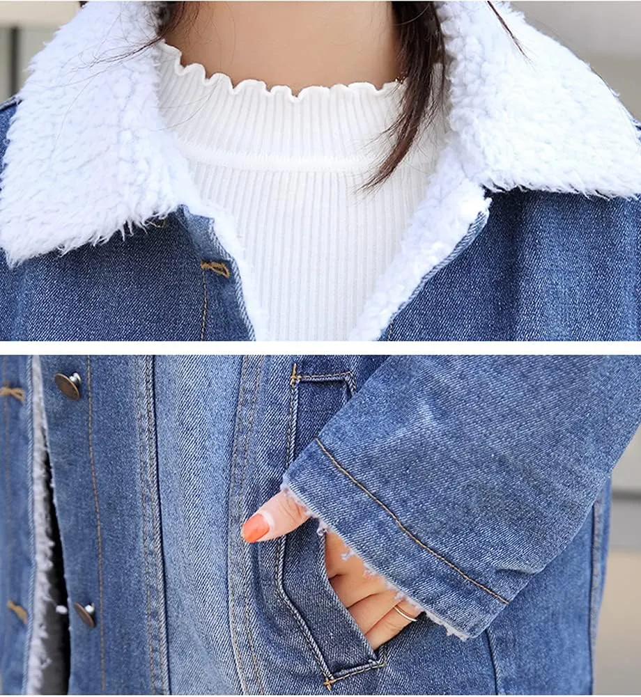 chouyatou Women's Winter Faux Fur Collar Sherpa Lined Long Denim Coat Trucker Jacket