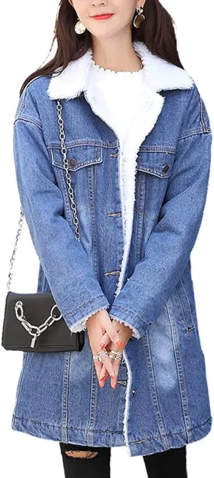 chouyatou Women's Winter Faux Fur Collar Sherpa Lined Long Denim Coat Trucker Jacket