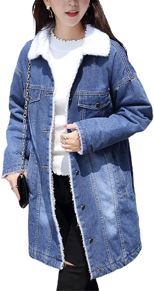 chouyatou Women's Winter Faux Fur Collar Sherpa Lined Long Denim Coat Trucker Jacket