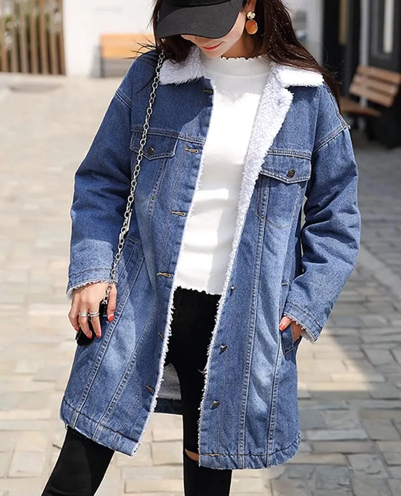 chouyatou Women's Winter Faux Fur Collar Sherpa Lined Long Denim Coat Trucker Jacket