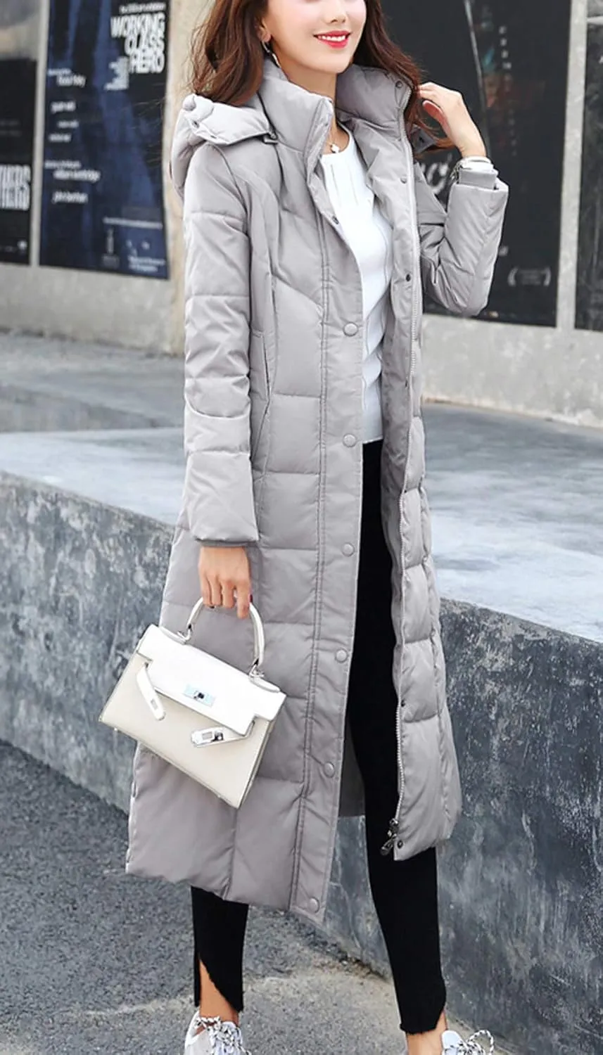 chouyatou Women's Winter Over Knee Removable Hooded Maxi Long Puffer Down Coat