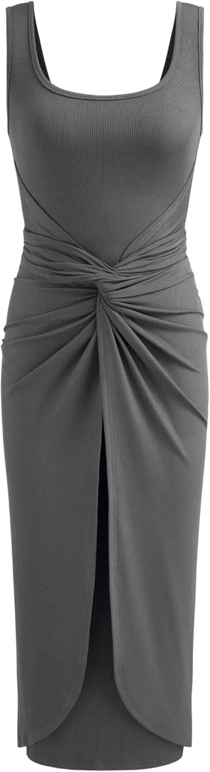 CIDER Women's Bodycon Dress Square Neck Twist Knotted Ruched Sleeveless Maxi Tank Elegant Long Summer Dresses 2025
