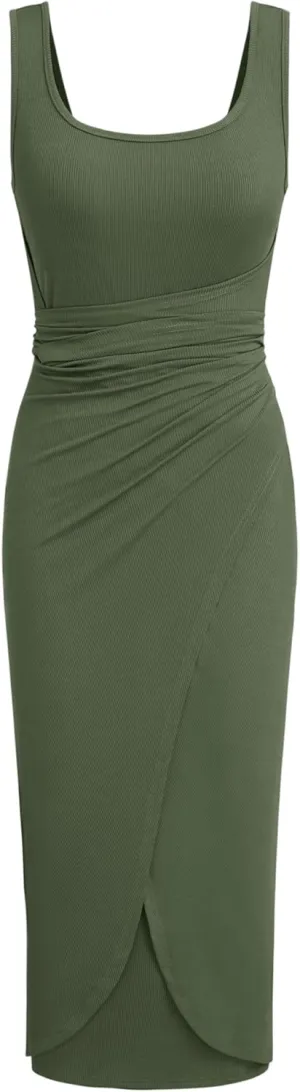 CIDER Women's Bodycon Dress Square Neck Twist Knotted Ruched Sleeveless Maxi Tank Elegant Long Summer Dresses 2025
