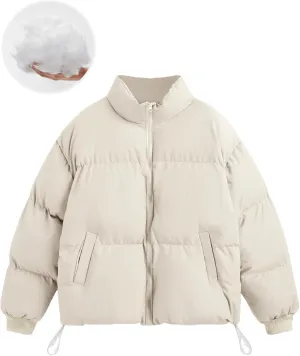 CIDER Womens Quilted Puffer Jacket Cropped Long Sleeve Stand Collar Zip Up Trendy Winter Coat