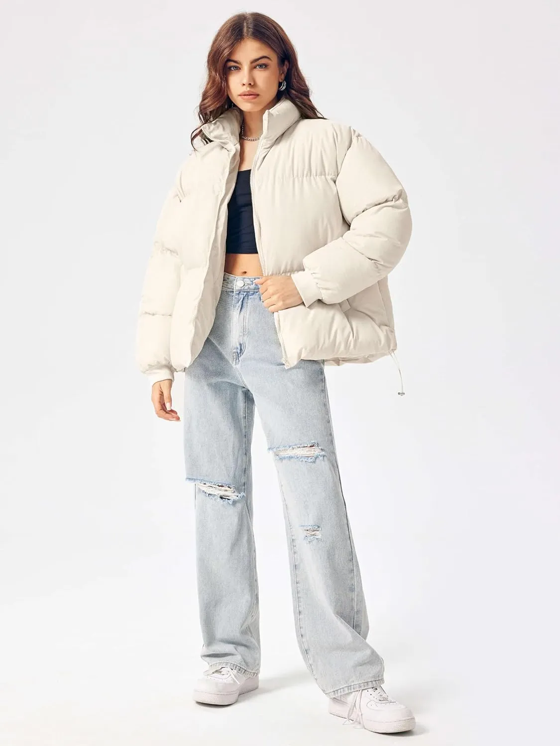 CIDER Womens Quilted Puffer Jacket Cropped Long Sleeve Stand Collar Zip Up Trendy Winter Coat