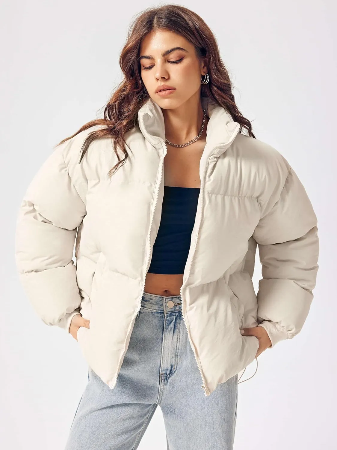 CIDER Womens Quilted Puffer Jacket Cropped Long Sleeve Stand Collar Zip Up Trendy Winter Coat