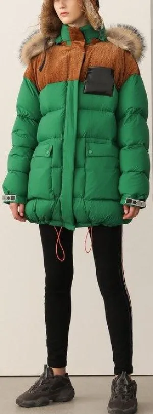 Color-Contrast Puffer Jacket with Removable Fur Hood