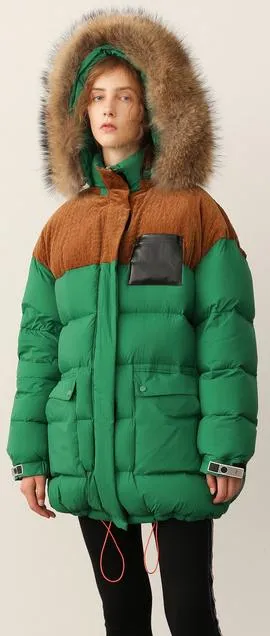Color-Contrast Puffer Jacket with Removable Fur Hood