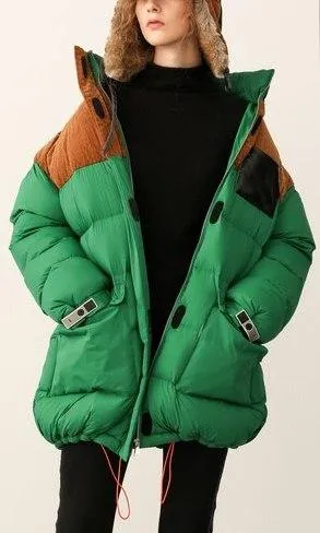 Color-Contrast Puffer Jacket with Removable Fur Hood