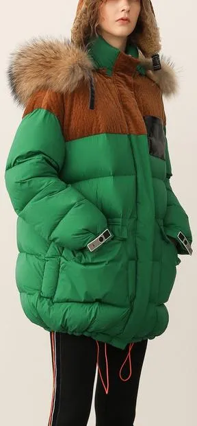 Color-Contrast Puffer Jacket with Removable Fur Hood