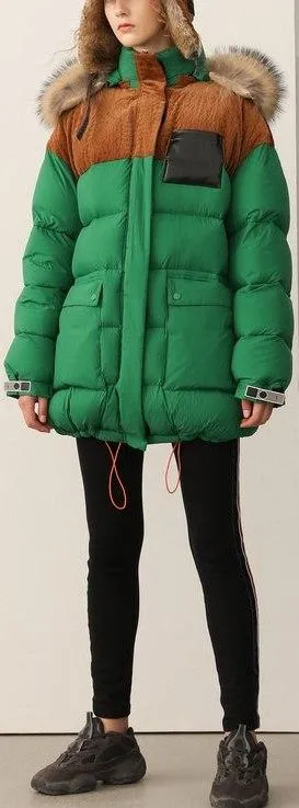 Color-Contrast Puffer Jacket with Removable Fur Hood