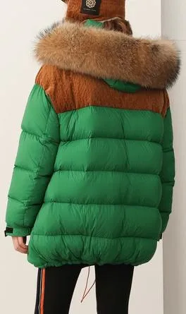 Color-Contrast Puffer Jacket with Removable Fur Hood