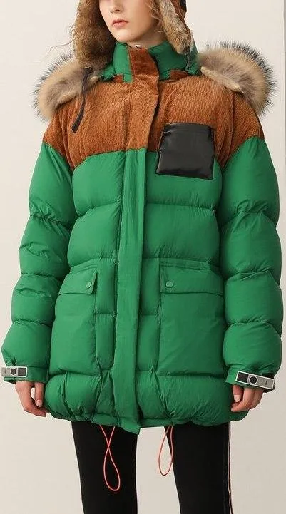 Color-Contrast Puffer Jacket with Removable Fur Hood