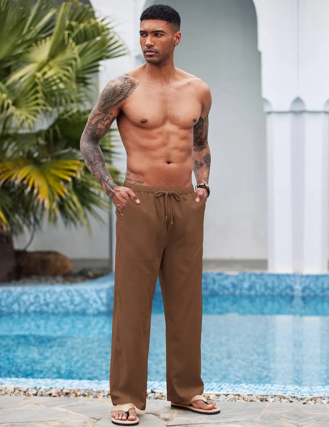 COOFANDY Mens Casual Linen Pants Elastic Waist Linen Pants Drawstring Summer Beach Yoga Linen Trouser