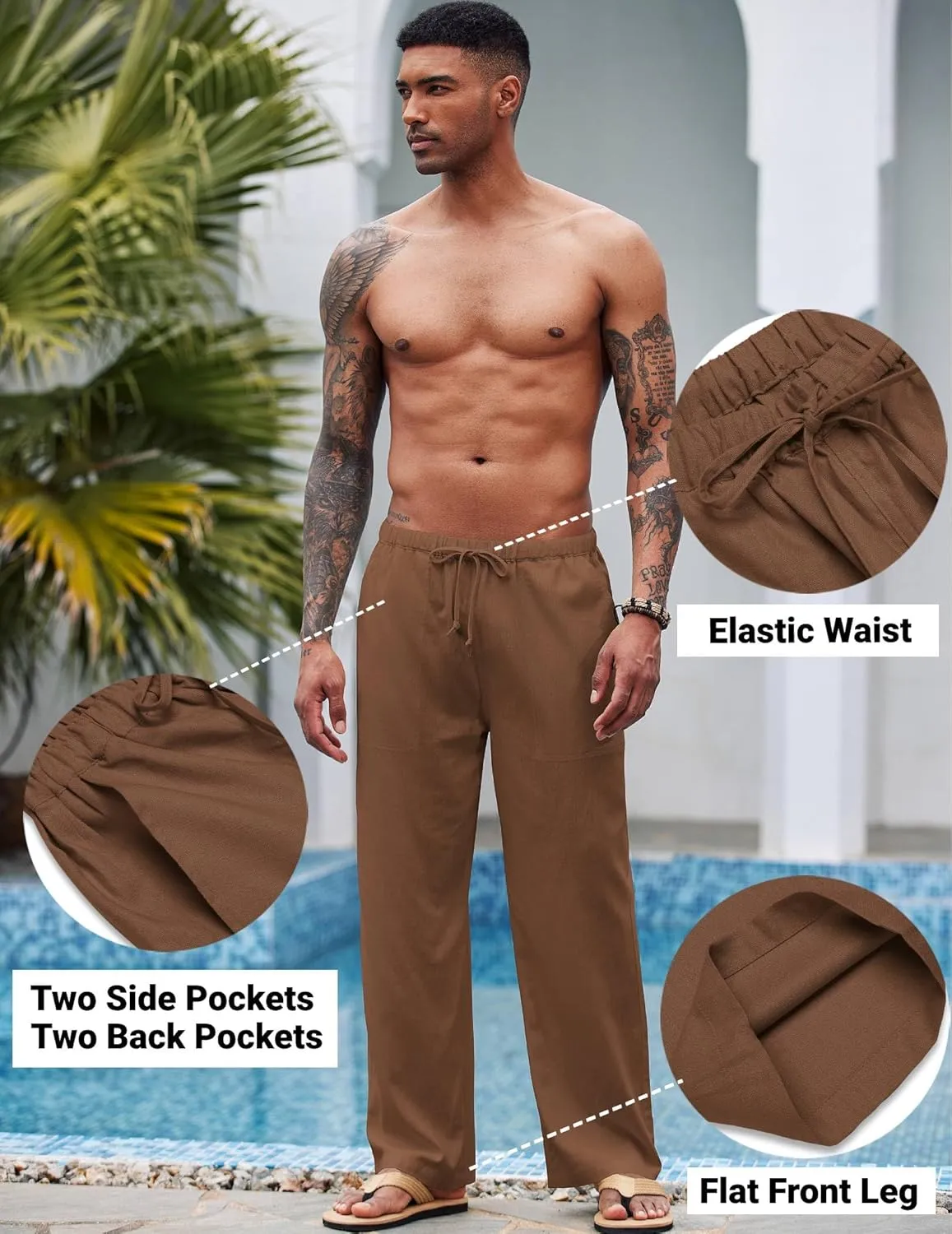 COOFANDY Mens Casual Linen Pants Elastic Waist Linen Pants Drawstring Summer Beach Yoga Linen Trouser