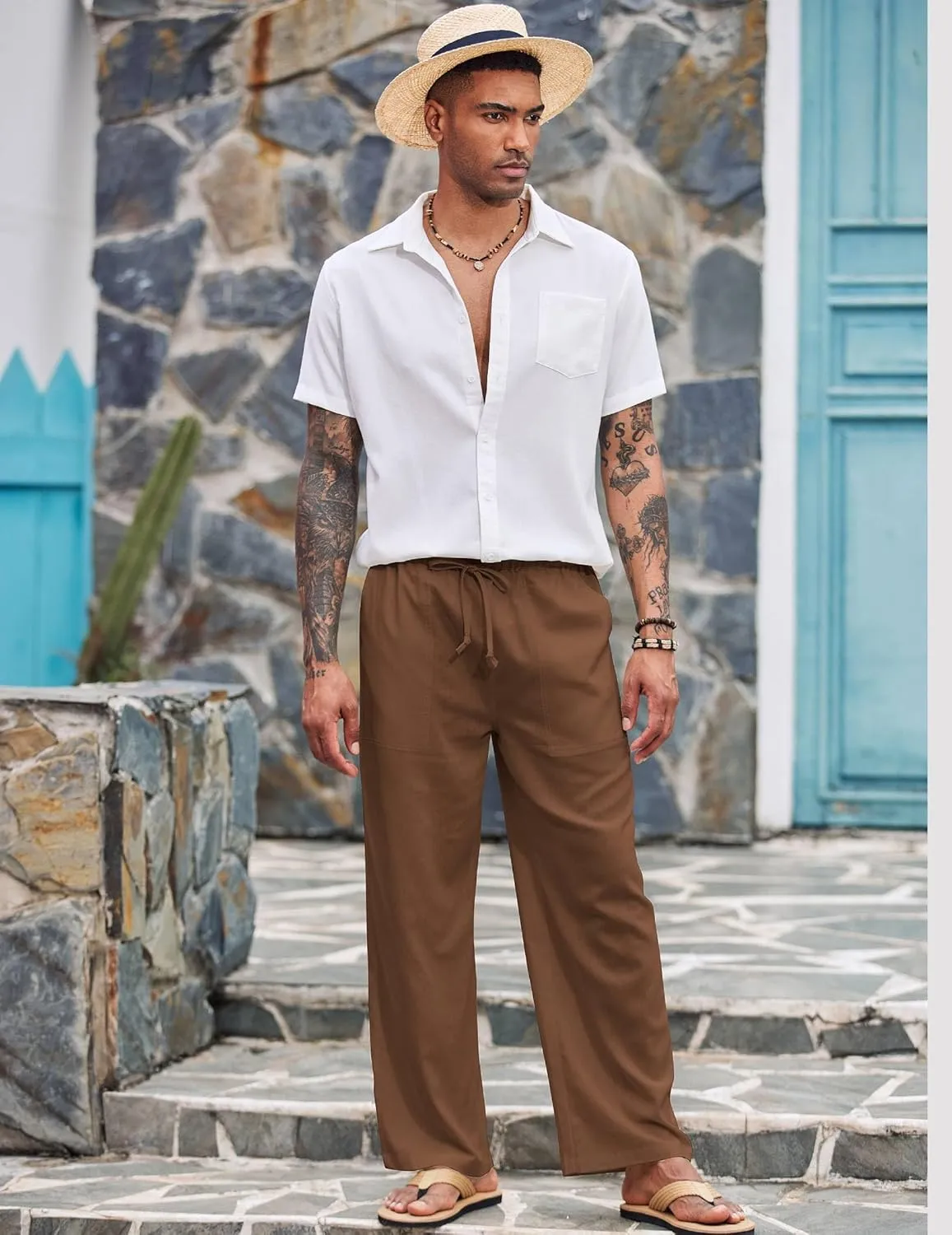COOFANDY Mens Casual Linen Pants Elastic Waist Linen Pants Drawstring Summer Beach Yoga Linen Trouser