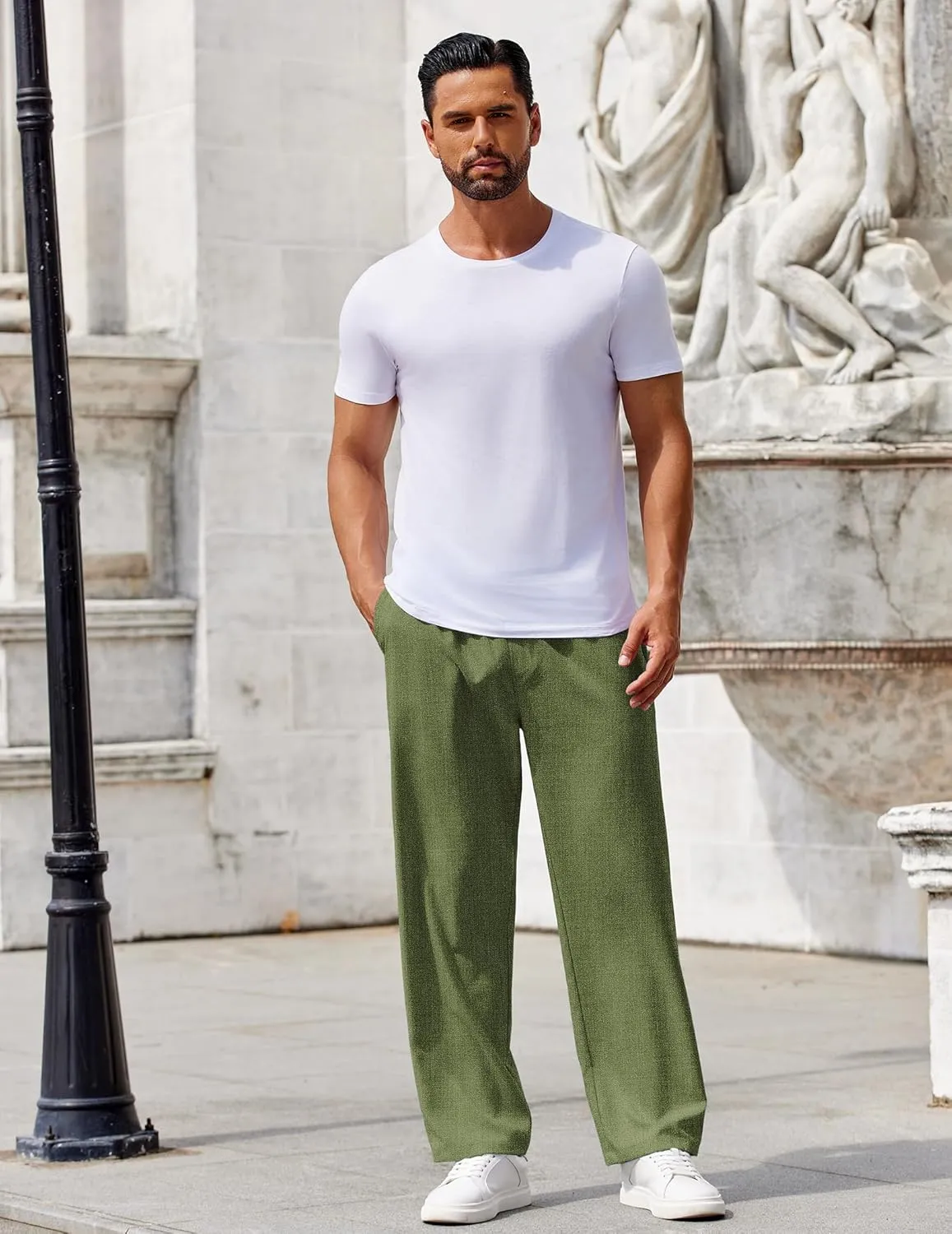 COOFANDY Mens Casual Pants Drawstring Elastic Waist Pants Linen Summer Beach Pants