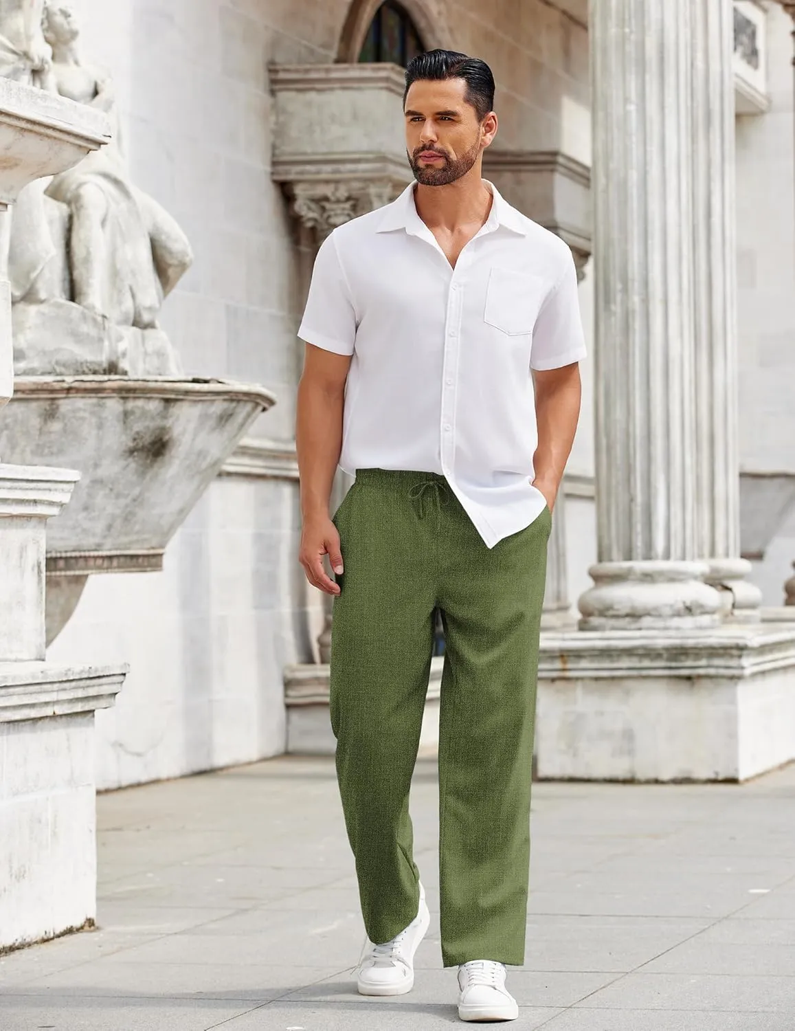 COOFANDY Mens Casual Pants Drawstring Elastic Waist Pants Linen Summer Beach Pants