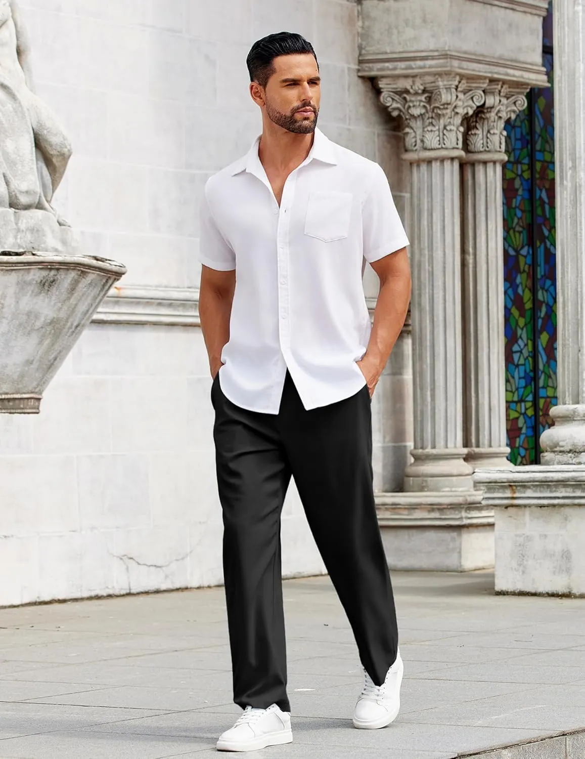 COOFANDY Mens Casual Pants Drawstring Elastic Waist Pants Linen Summer Beach Pants