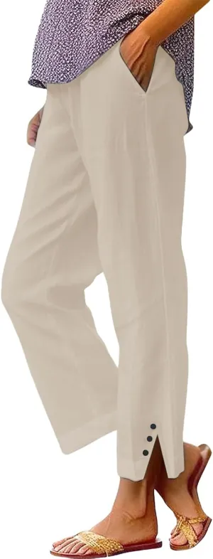 Cotton Linen Capris Pants for Women Casual Summer Straight Wide Leg Stripe Drawstring Elastic Waist Crop Trousers